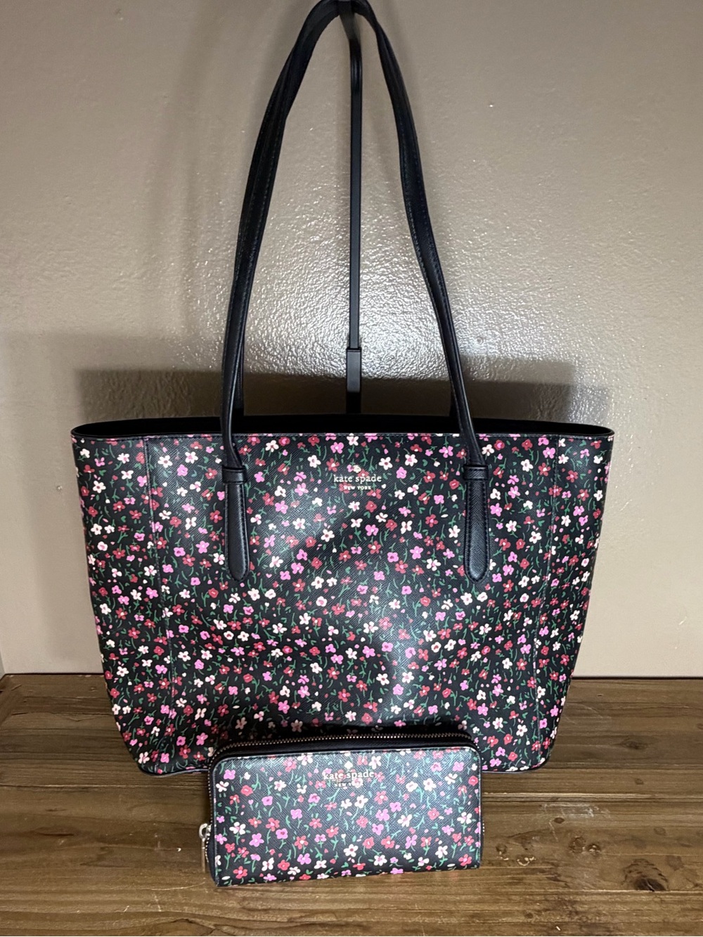 KATE SPADE Black Floral Schuyler Medium Tote & Large Continental Wallet